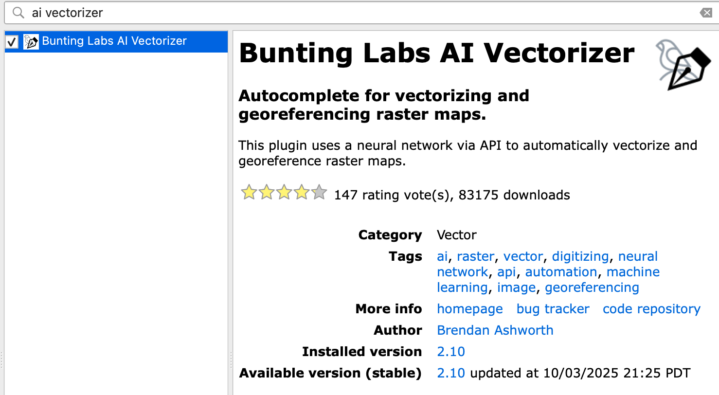 Bunting Labs AI Vectorizer plugin interface for QGIS